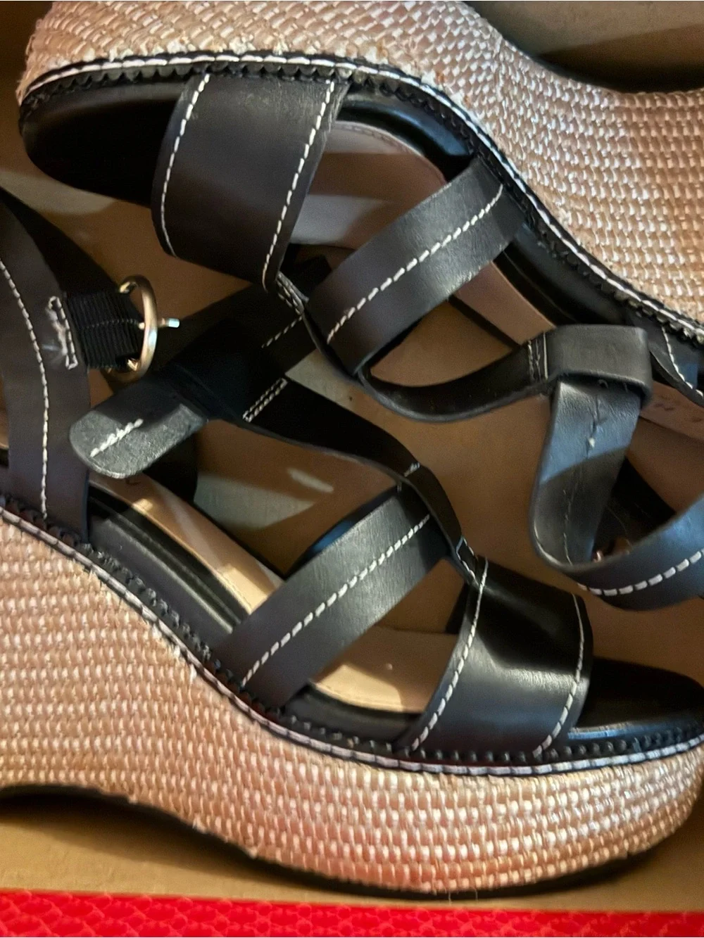 Cole Haan Black Strappy Wedge Sandals with Woven Platform